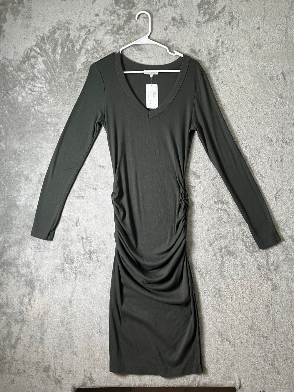 Michael Stars Maya Long Sleeve Dress Size L Tarragon Ribbed Midi Minimalist New